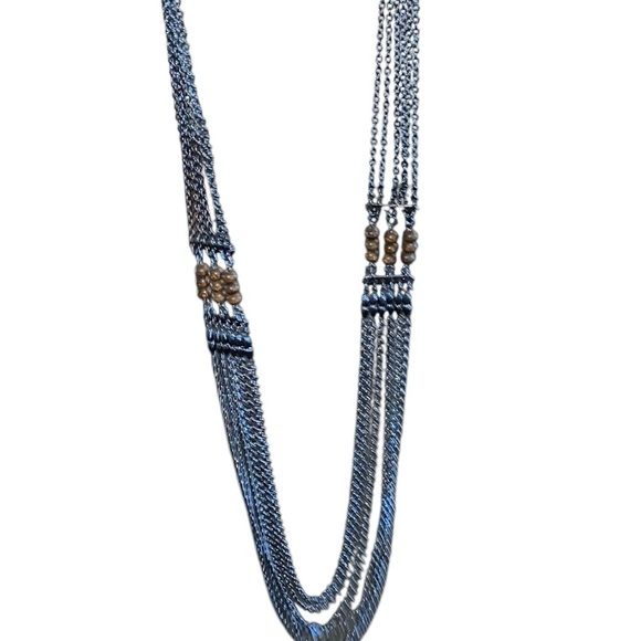 Boho style silver tone and wood bead long layered chain necklace - Picture 5 of 7